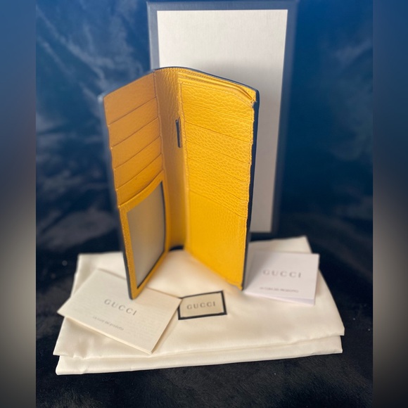 The Gucci GG Black Long Fold Wallet with Yellow Interior with box, bag - Picture 2 of 15